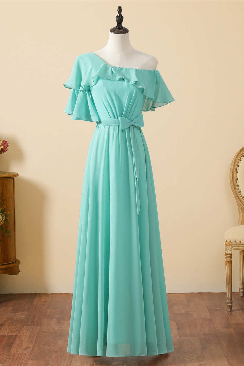 Asymmetrical Aqua Lace-Up Back A-Line Long Bridesmaid Dress