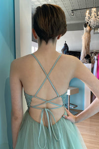 Dusty Sage Deep V Neck Beaded Appliques Lace-Up Tulle Long Prom Dress
