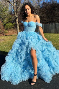 Blue Ruffles Off-the-Shoulder A-Line Prom Gown with Slit