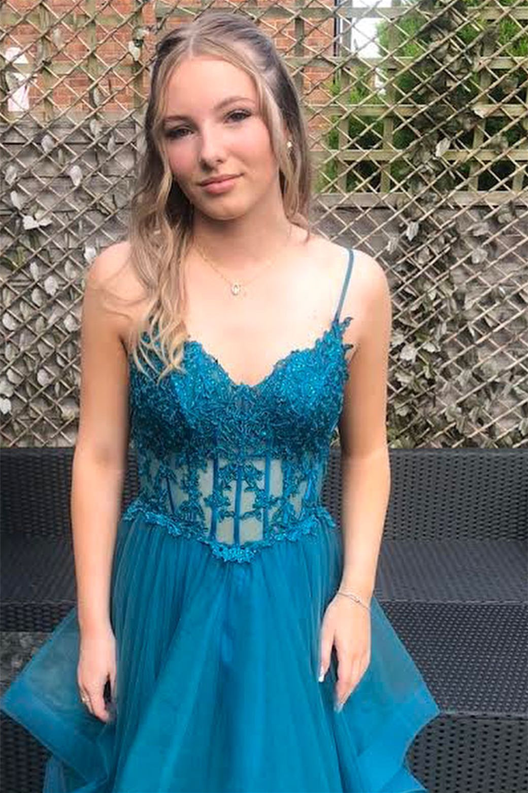 Blue A-line Spahetti Straps Appliques Ruffle-Layers Tulle Long Prom Dress