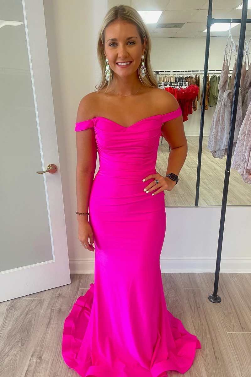 Elegant Neon Pink Off-the-Shoulder Mermaid Long Formal Gown
