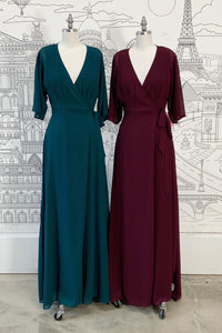 Pine & Cabernet Faux-Wrap  V Neck Sleeves Chiffon Long Bridesmaid Dress with Sash