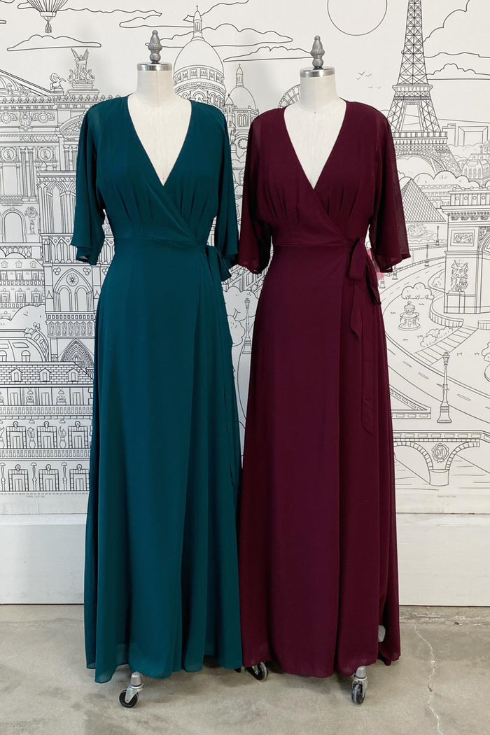 Pine & Cabernet Faux-Wrap  V Neck Sleeves Chiffon Long Bridesmaid Dress with Sash