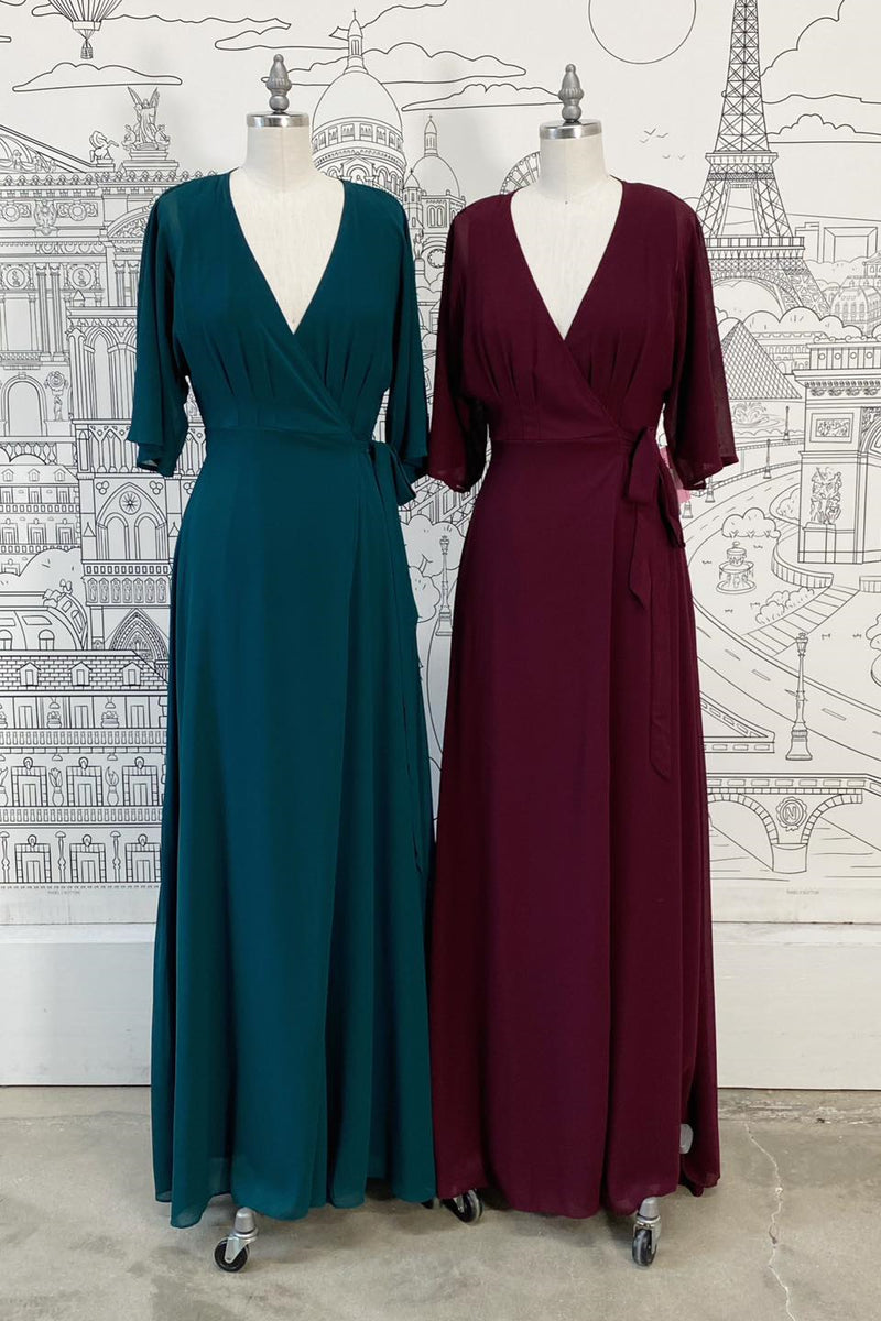 Pine & Cabernet Faux-Wrap  V Neck Sleeves Chiffon Long Bridesmaid Dress with Sash