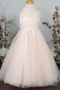 Pink Bow Tie Shoulder Pleated Tulle Long Flower Girl Dress