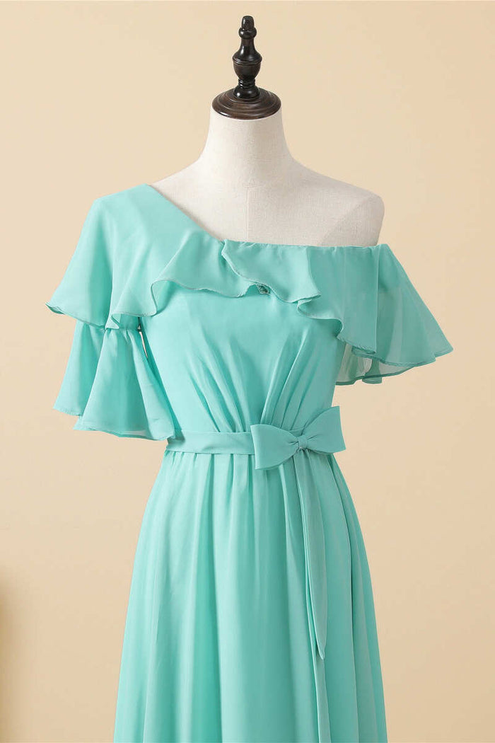 Asymmetrical Aqua Lace-Up Back A-Line Long Bridesmaid Dress