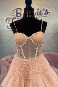 Blushing Pink Tulle Ruffle Layers Lace-Up Back A-Line Prom Dress
