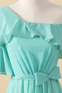 Asymmetrical Aqua Lace-Up Back A-Line Long Bridesmaid Dress