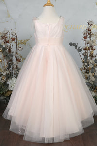 Pink Bow Tie Shoulder Pleated Tulle Long Flower Girl Dress