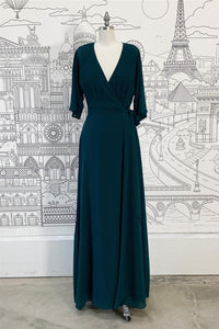 Pine Faux-Wrap  V Neck Sleeves Chiffon Long Bridesmaid Dress with Sash