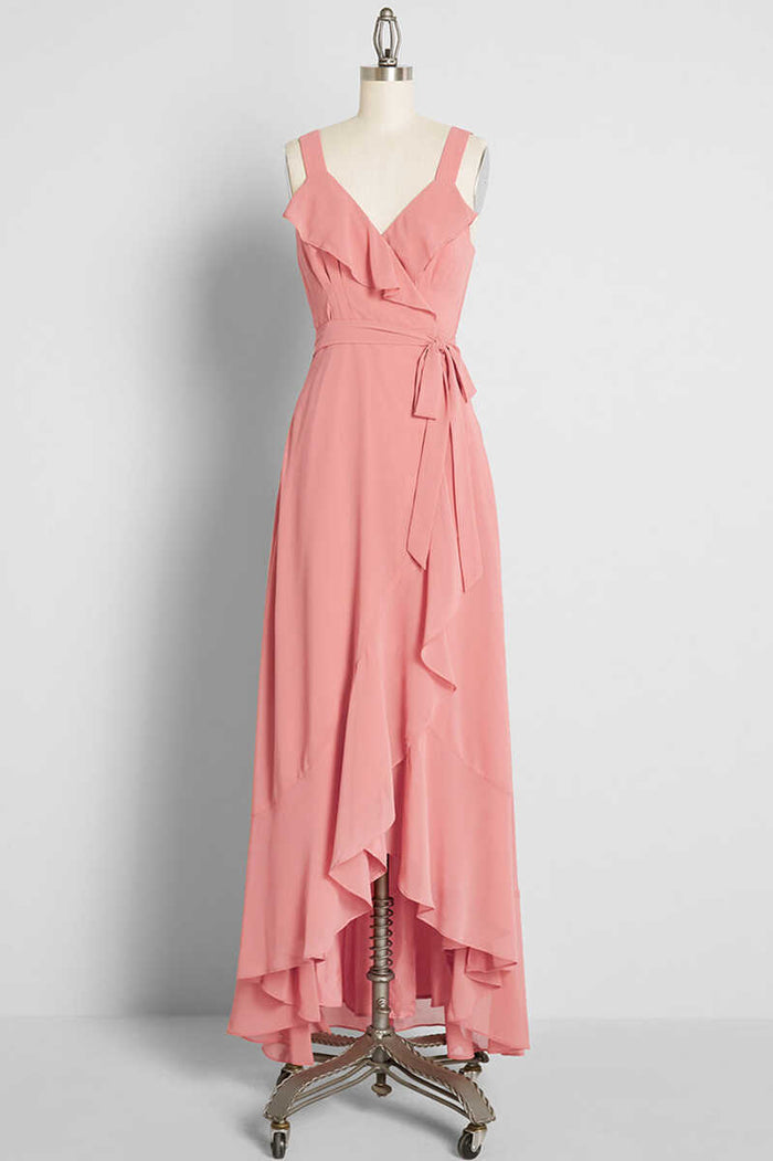 Peach Straps Ruffled High-Low Bridesmaid Dress
