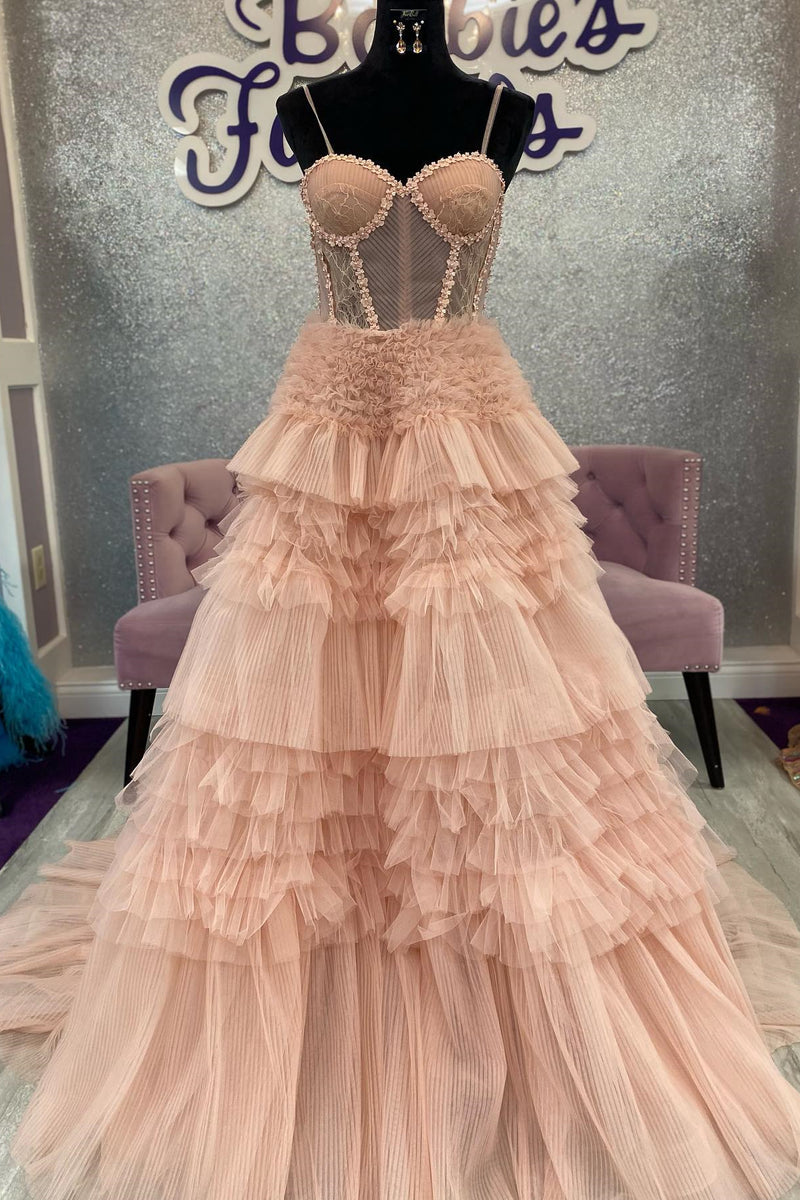 Blushing Pink Tulle Ruffle Layers Lace-Up Back A-Line Prom Dress