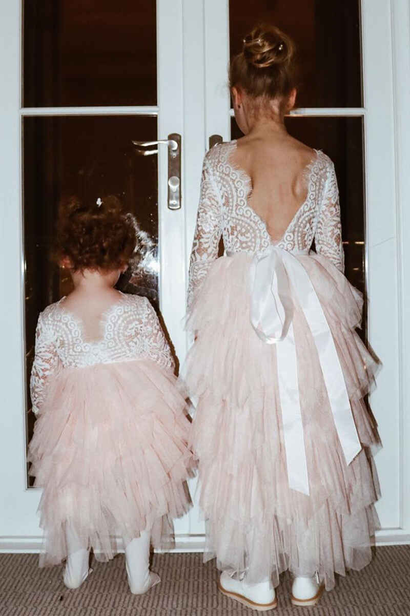White &Blush Pink Long Sleeve Backless Multi-Tiered Flower Girl Dress