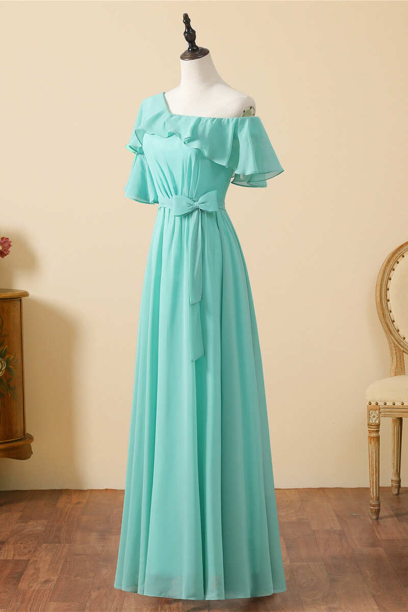 Asymmetrical Aqua Lace-Up Back A-Line Long Bridesmaid Dress
