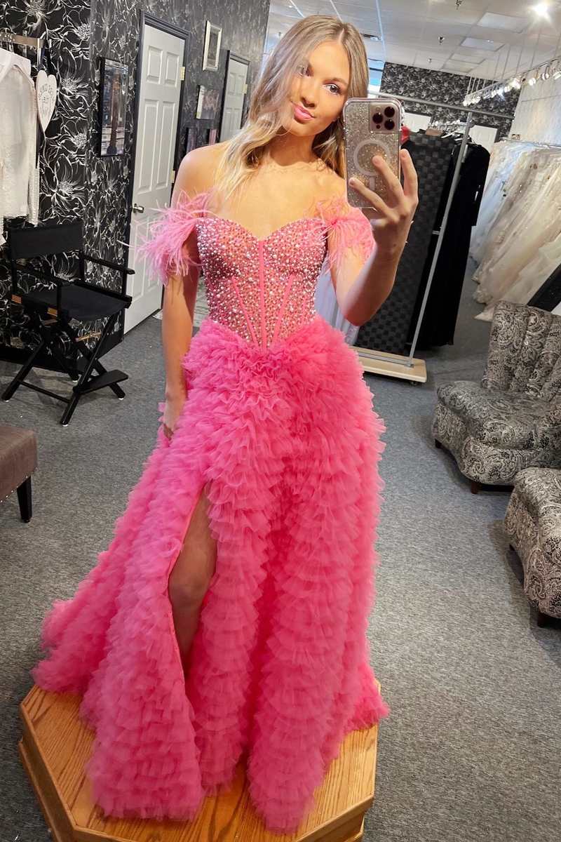 Hot Pink Beaded Feather Off-the-Shoulder Tiered Long Prom Dress with Slit
