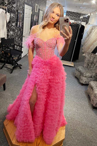 Hot Pink Beaded Feather Off-the-Shoulder Tiered Long Prom Dress with Slit
