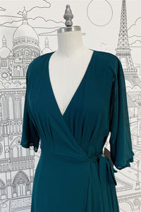 Pine Faux-Wrap  V Neck Sleeves Chiffon Long Bridesmaid Dress with Sash