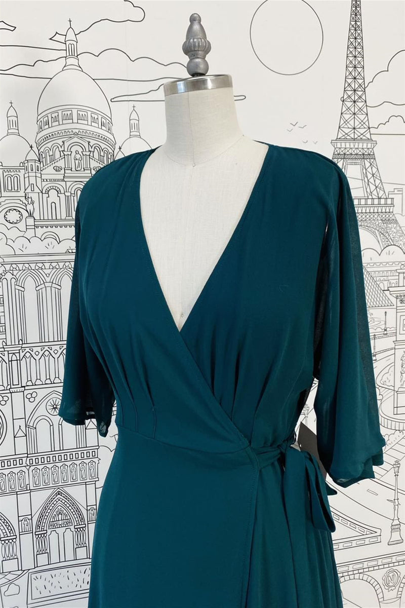 Pine Faux-Wrap  V Neck Sleeves Chiffon Long Bridesmaid Dress with Sash