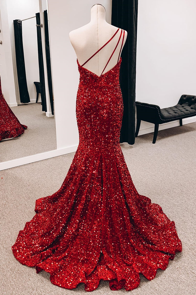 One-Shoulder Red Sequin Backless Mermaid Long Prom Dress