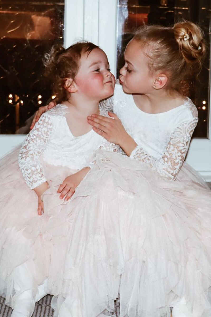 White &Blush Pink Long Sleeve Backless Multi-Tiered Flower Girl Dress