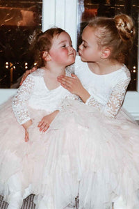 White &Blush Pink Long Sleeve Backless Multi-Tiered Flower Girl Dress