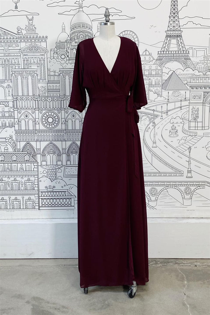 Cabernet Faux-Wrap V Neck Sleeves Chiffon Long Bridesmaid Dress with Sash