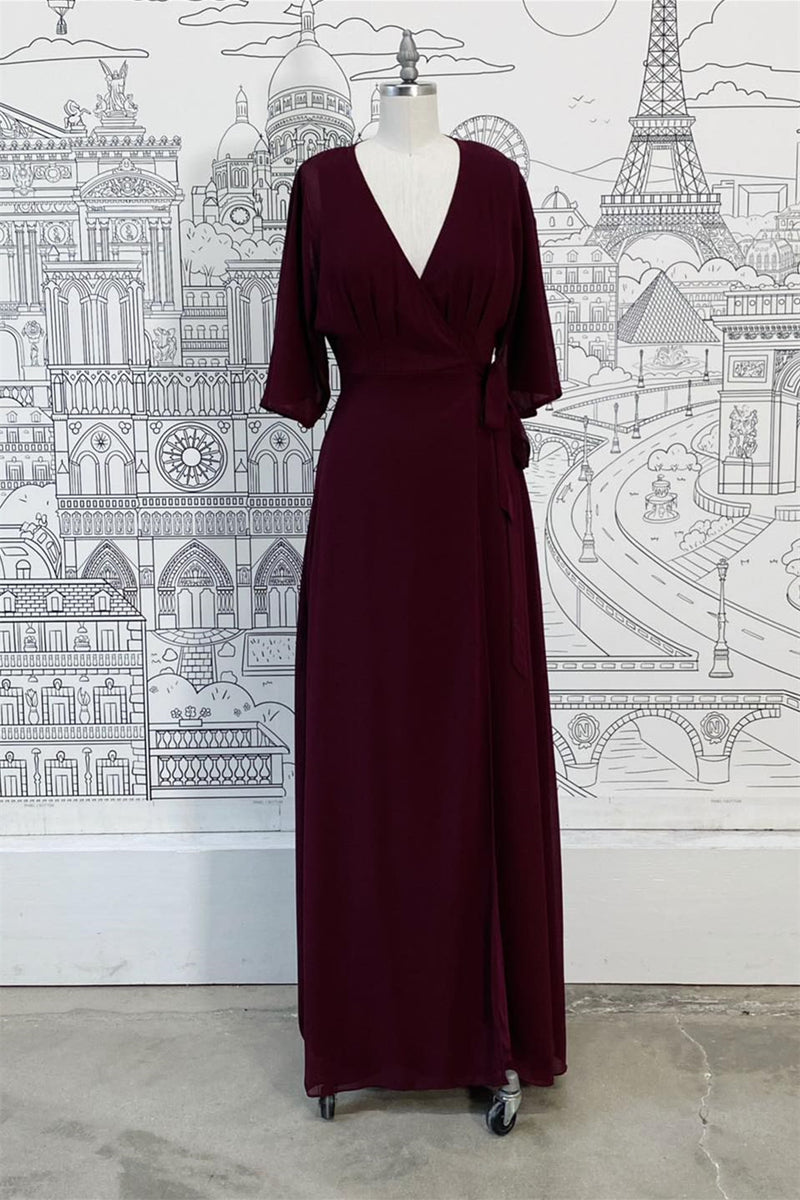 Cabernet Faux-Wrap V Neck Sleeves Chiffon Long Bridesmaid Dress with Sash