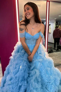 Blue Ruffles Off-the-Shoulder A-Line Prom Gown with Slit