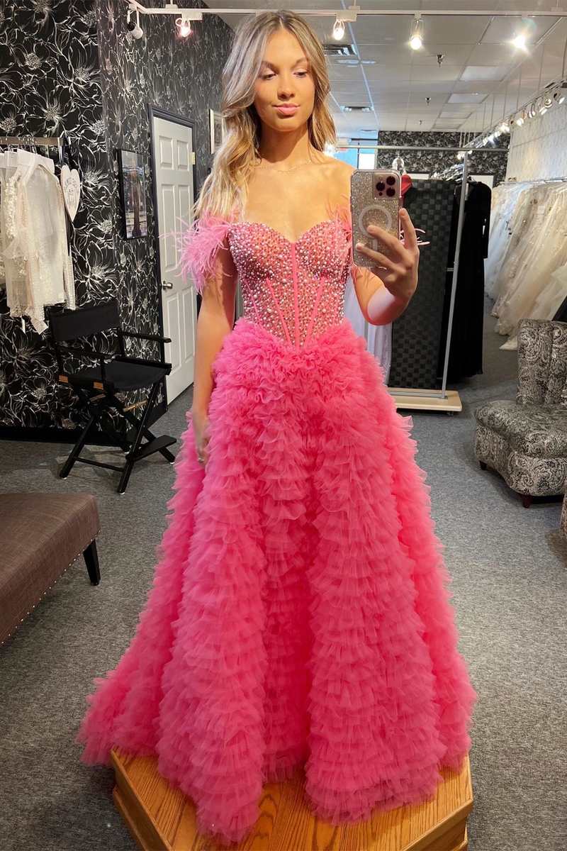 Hot Pink Beaded Feather Off-the-Shoulder Tiered Long Prom Dress with Slit