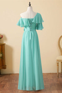 Asymmetrical Aqua Lace-Up Back A-Line Long Bridesmaid Dress