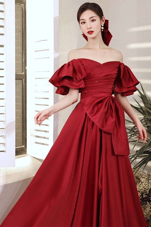 A-Line Burgundy Off-the-Shoulder Bow Prom Gown
