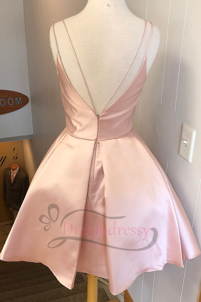 V Neck Straps Short Pink Homecoming Dress