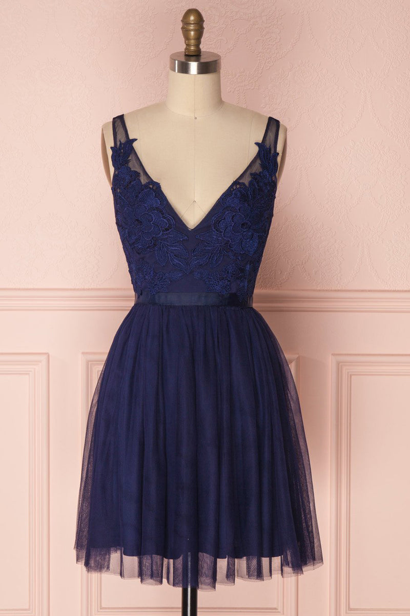 Princess V Neck Short Navy Blue Homecoming Dress