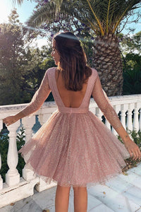 3-4 Sleeves Short Pink Homecoming Dress with Open Back