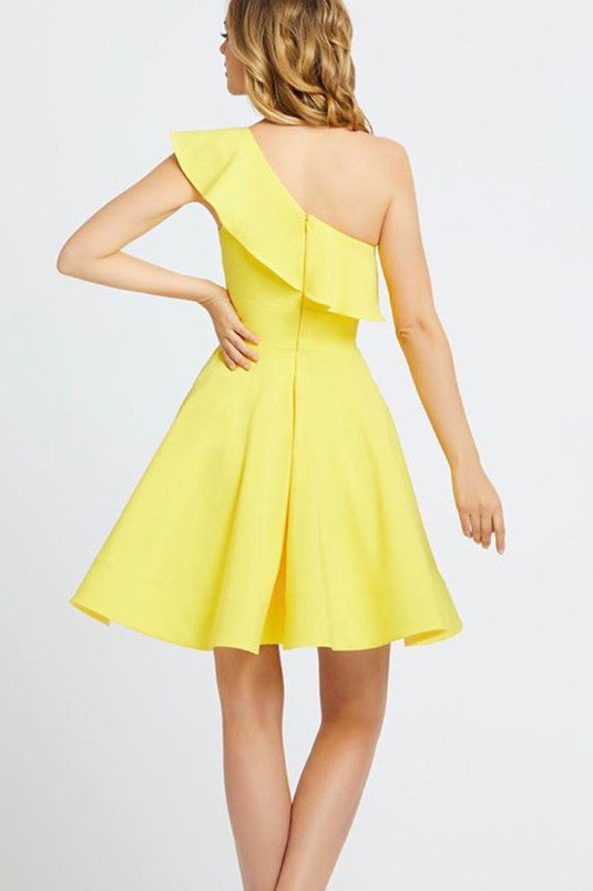 One Shoulder Ruffled Short Yellow Homecoming Dress