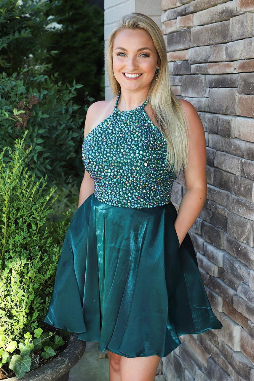 Halter Crystals Short Homecoming Dress with Pockets