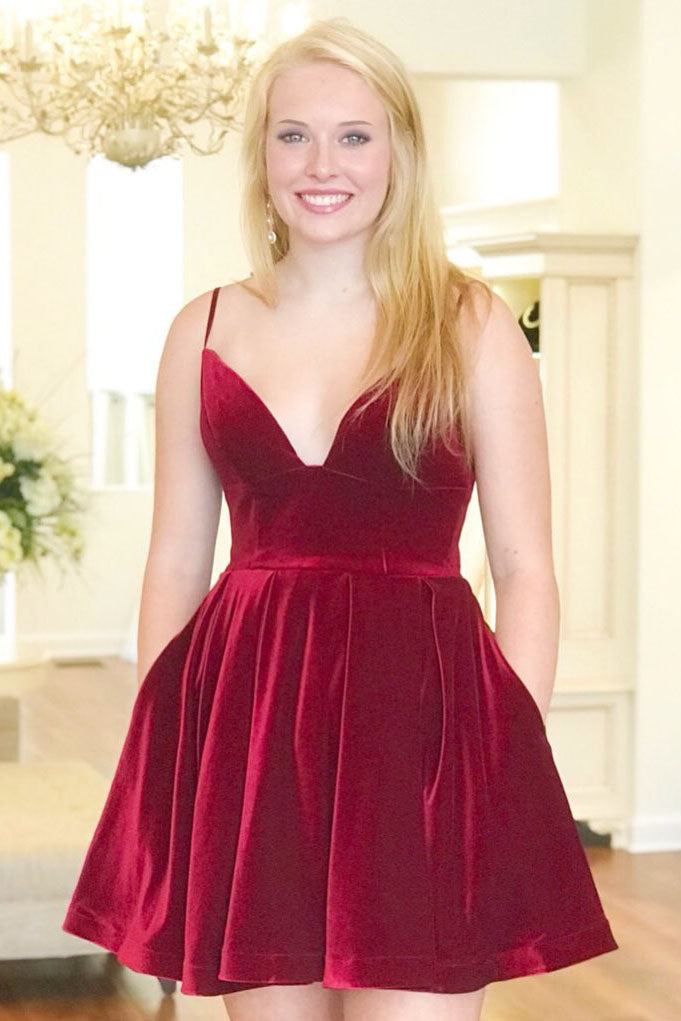Sexy Fit and Flare Velvet Burgundy Homecoming Dress