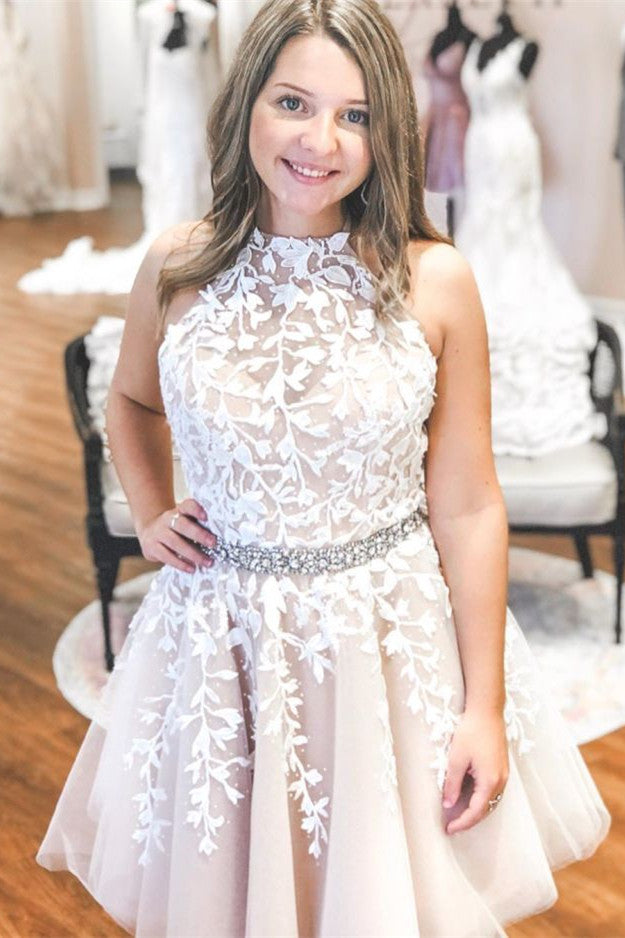 Halter Appliqued Yellow Homecoming Dress with Beading Belt