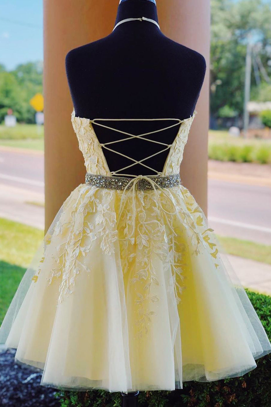 Halter Appliqued Yellow Homecoming Dress with Beading Belt