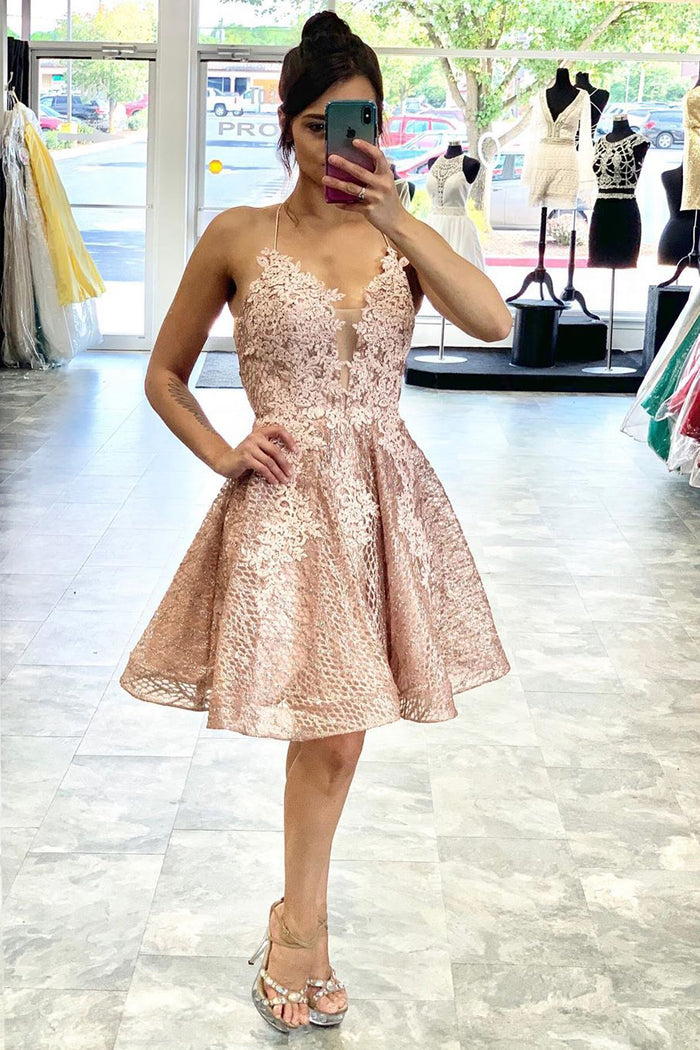 Lace Short Homecoming Dress with Criss Cross Back