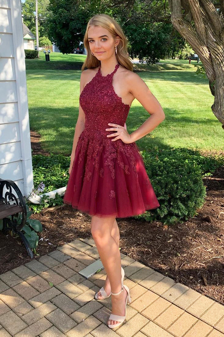 Halter Beaded Appliques Burgundy Short Homecoming Dress