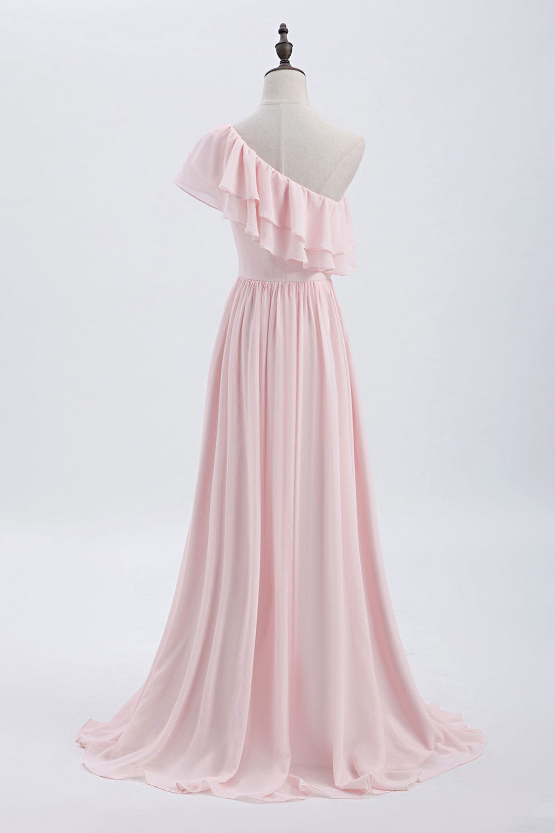 Ruffles Pink One Shoulder Chiffon A-line Long Bridesmaid Dress