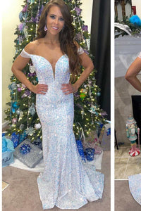 White Iridescent Sequin Off-the-Shoulder Cutout Back Trumpet Long Prom Dress