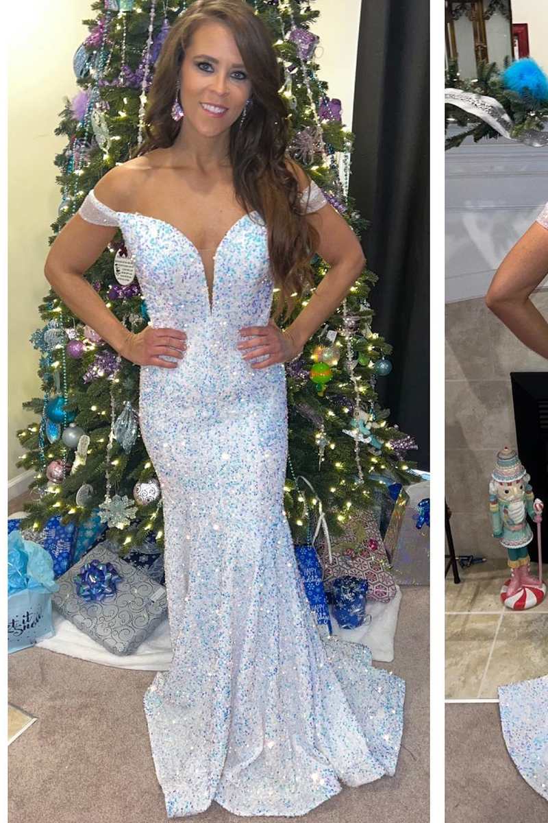 White Iridescent Sequin Off-the-Shoulder Cutout Back Trumpet Long Prom Dress
