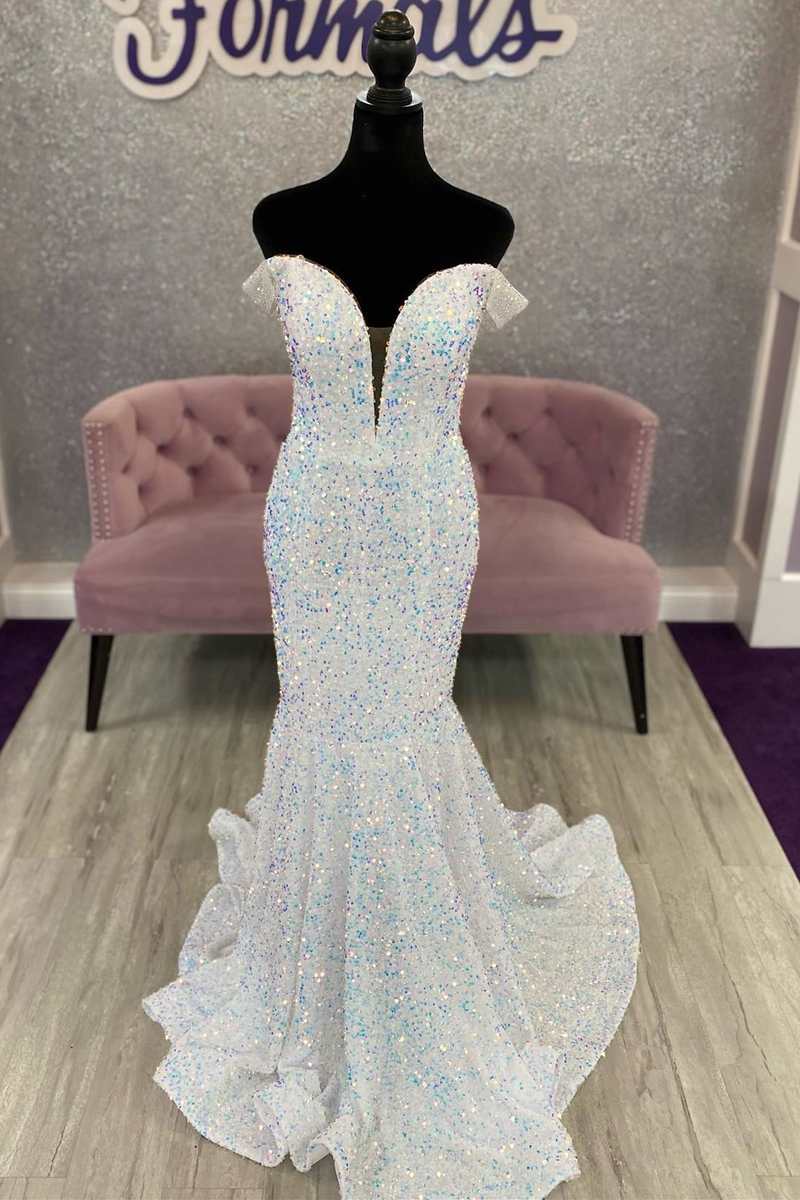 White Iridescent Sequin Off-the-Shoulder Cutout Back Trumpet Long Prom Dress