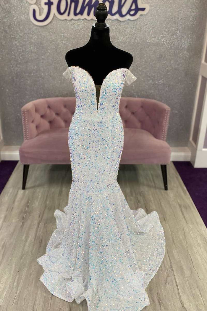 White Iridescent Sequin Off-the-Shoulder Cutout Back Trumpet Long Prom Dress