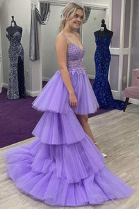High-Low Lavender Lace V-Neck Tiered Prom Dress