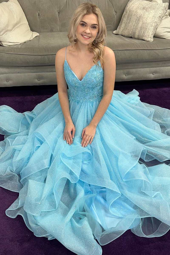 Blue V-Neck Multi-Tiered A-Line Prom Gown
