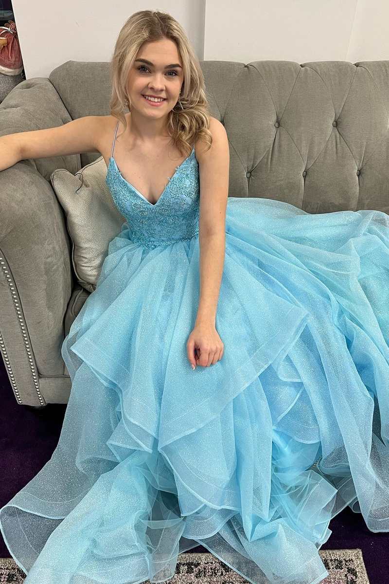 Blue V-Neck Multi-Tiered A-Line Prom Gown