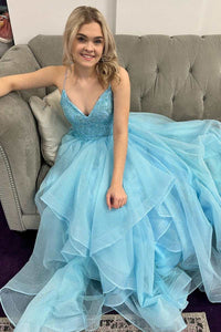Blue V-Neck Multi-Tiered A-Line Prom Gown